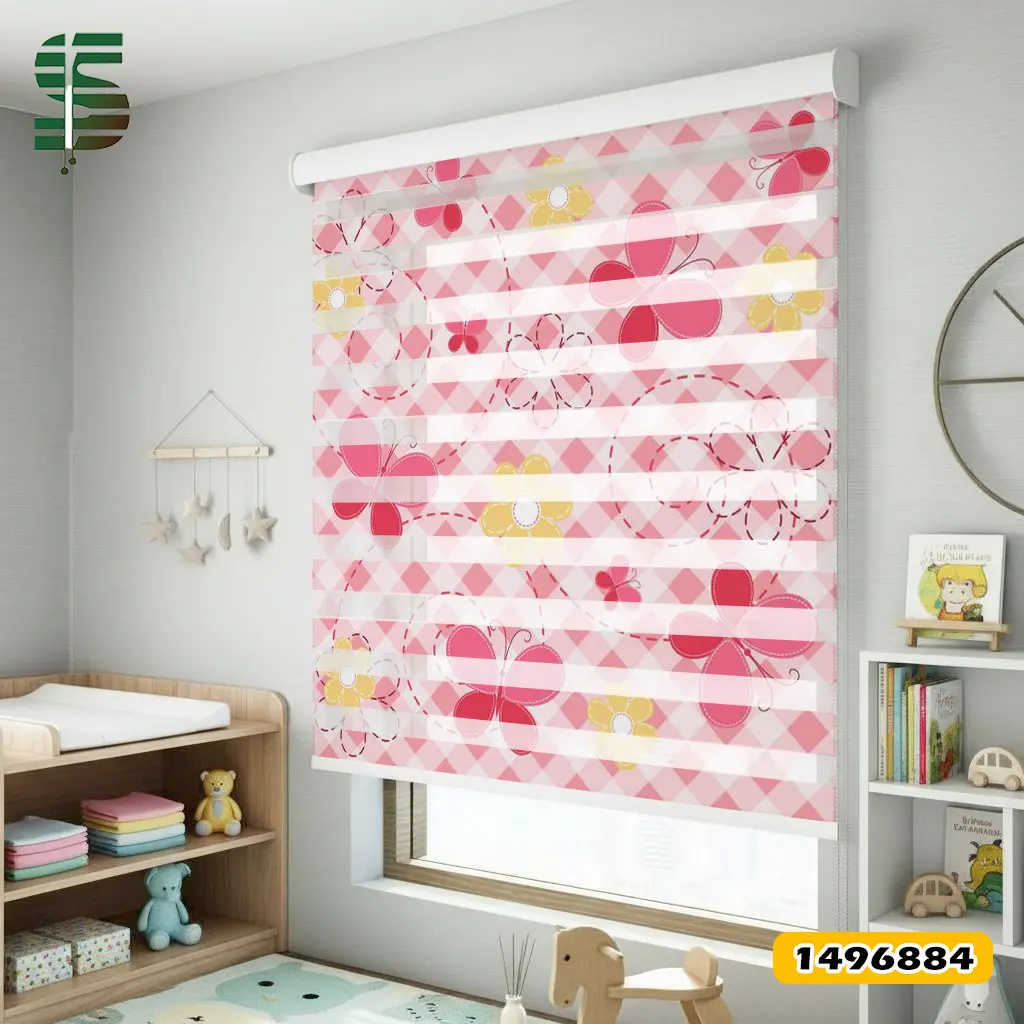 پرده زبرا کودک کد 1496884 طرح پروانه صورتی و گل زرد