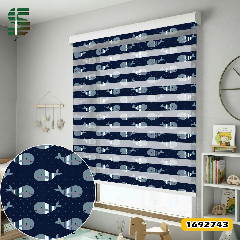 پرده زبرا کودک کد 1692743 طرح نهنگ ها با پس زمینه خالخالی