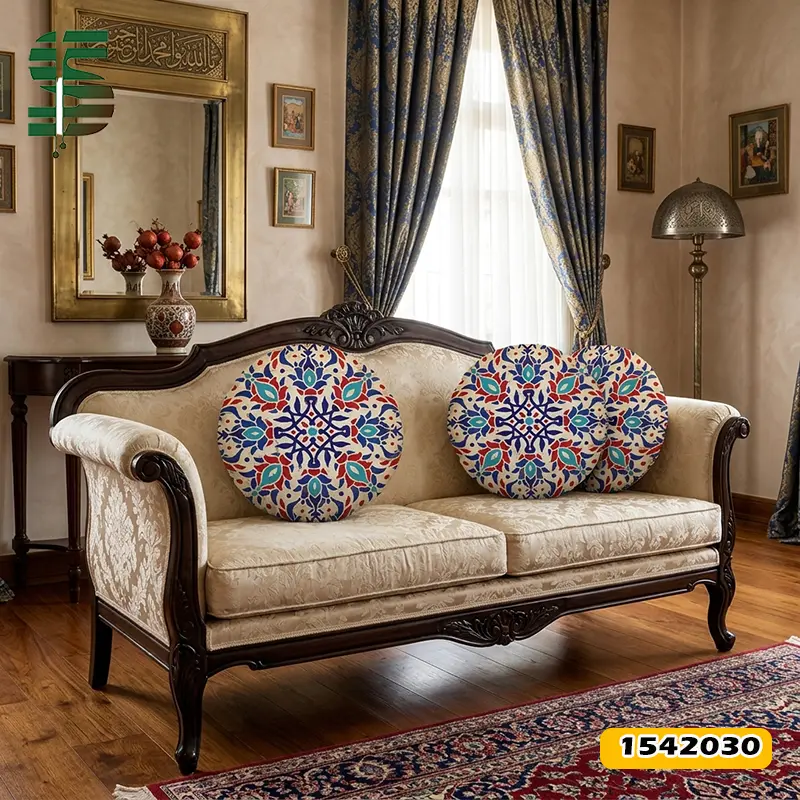 نمونه اجرایی کوسن مخمل دایره طرح سنتی کد 1542030 مدل گل های شرقی