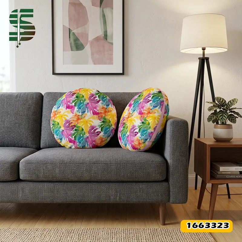 نمونه اجرایی کوسن مخمل گرد کد 1663323 طرح گلبرگ هاوایی