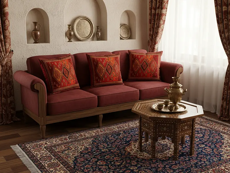 کوسن مخمل سنتی در یک دکوراسیون ایرانی