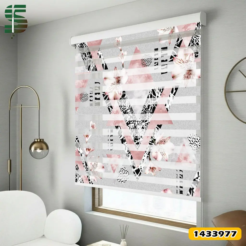 پرده زبرا طرح دار کد 1433977 مدل مثلث و گل آبرنگی