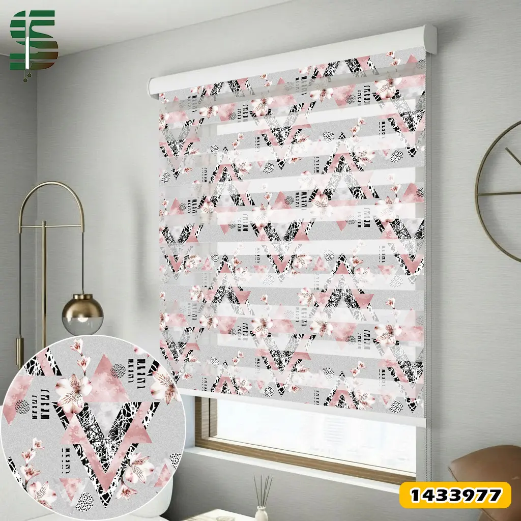 پرده زبرا طرح دار کد 1433977 مدل مثلث و گل آبرنگی