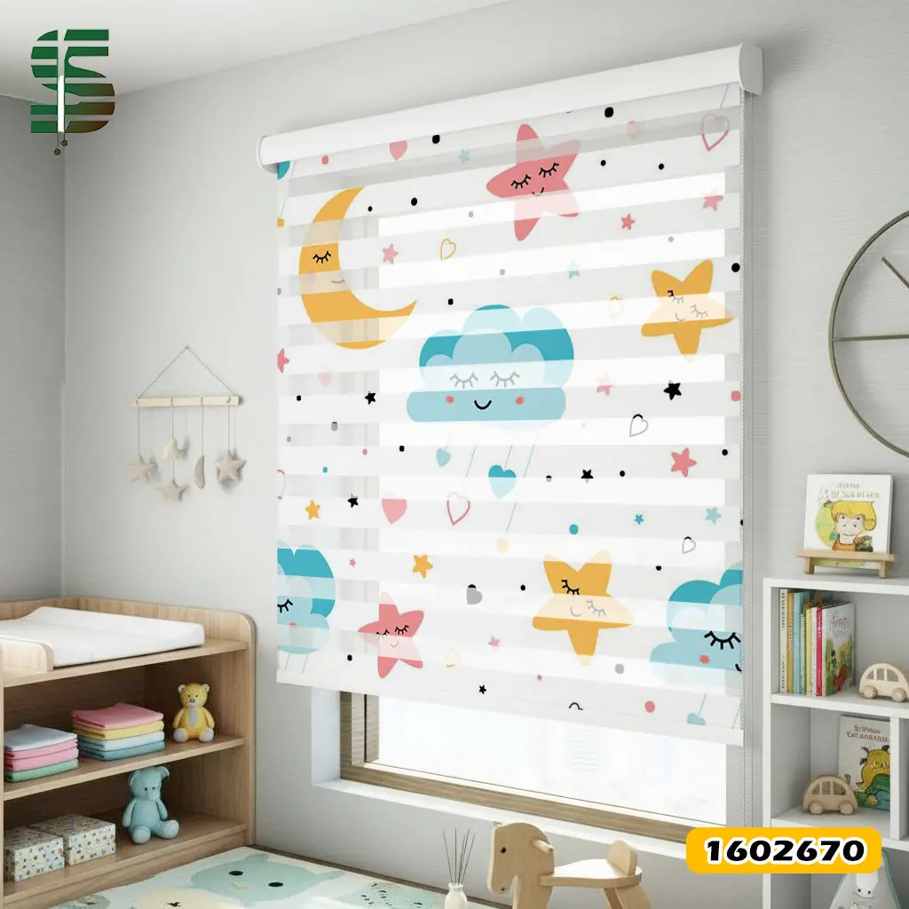 پرده زبرا کودک کد 1602670 طرح ماه و ستاره و ابر رنگی