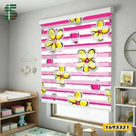 پرده زبرا کودک کد 1693321 طرح گل و قلب با پس زمینه راه راه صورتی