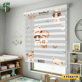 پرده زبرا کودک کد 1756610 طرح خرس تدی و بیسکویت