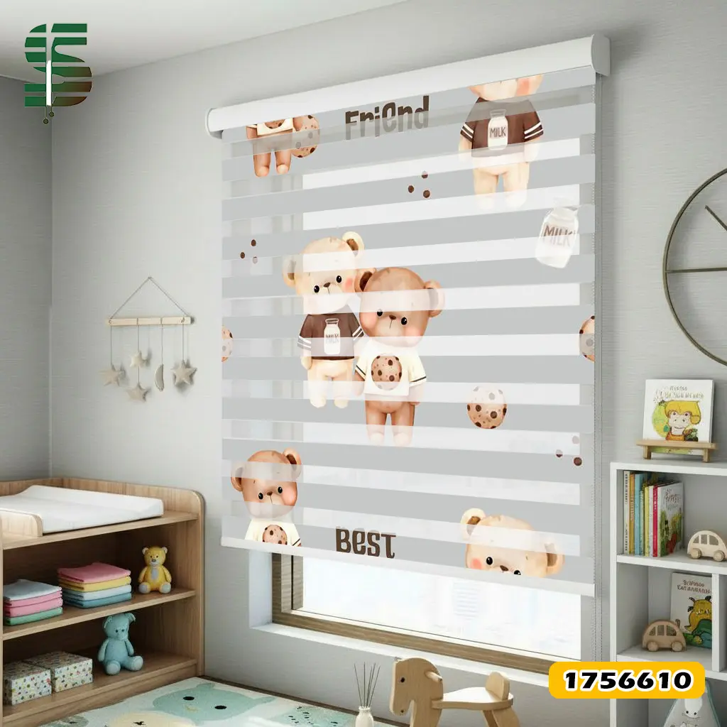 پرده زبرا کودک کد 1756610 طرح خرس تدی و بیسکویت
