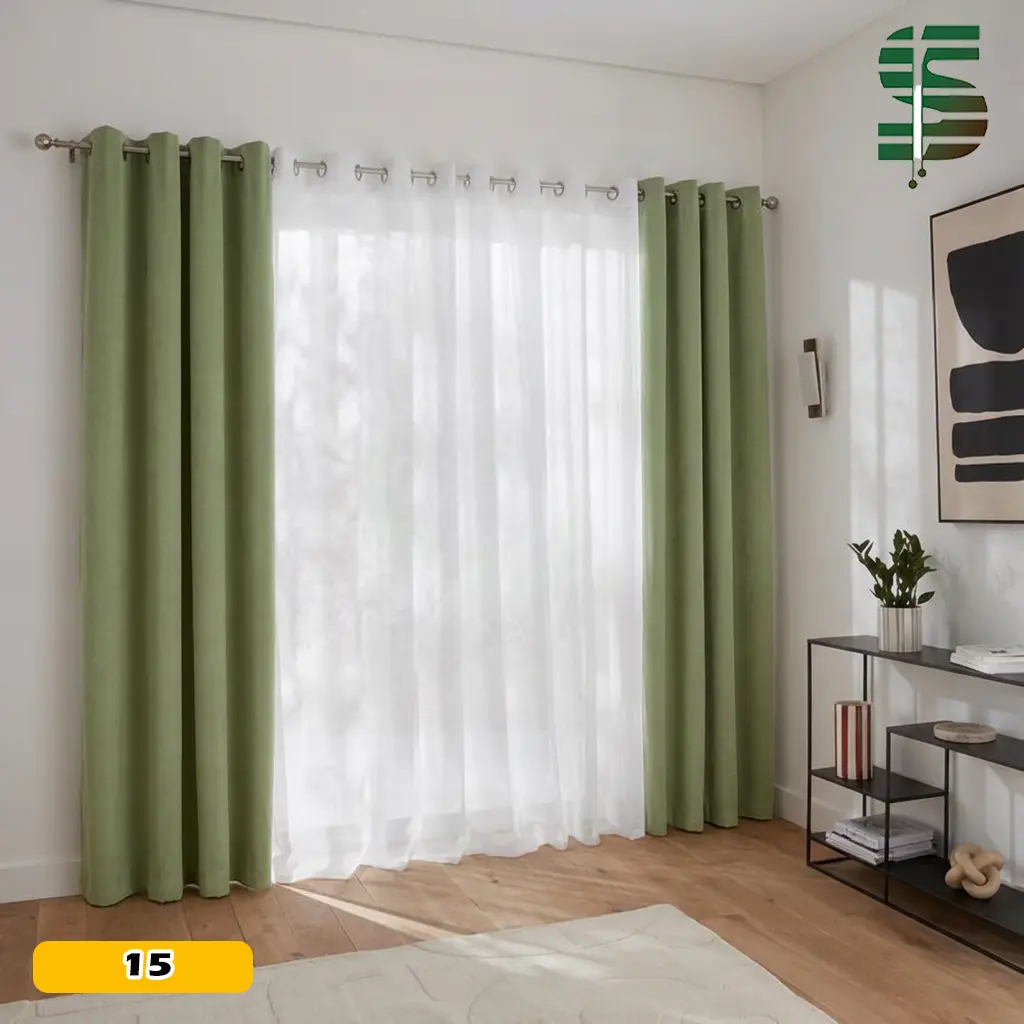پرده پانچ ترکیبی مخمل کالیفرنیا و حریر سبز کم رنگ