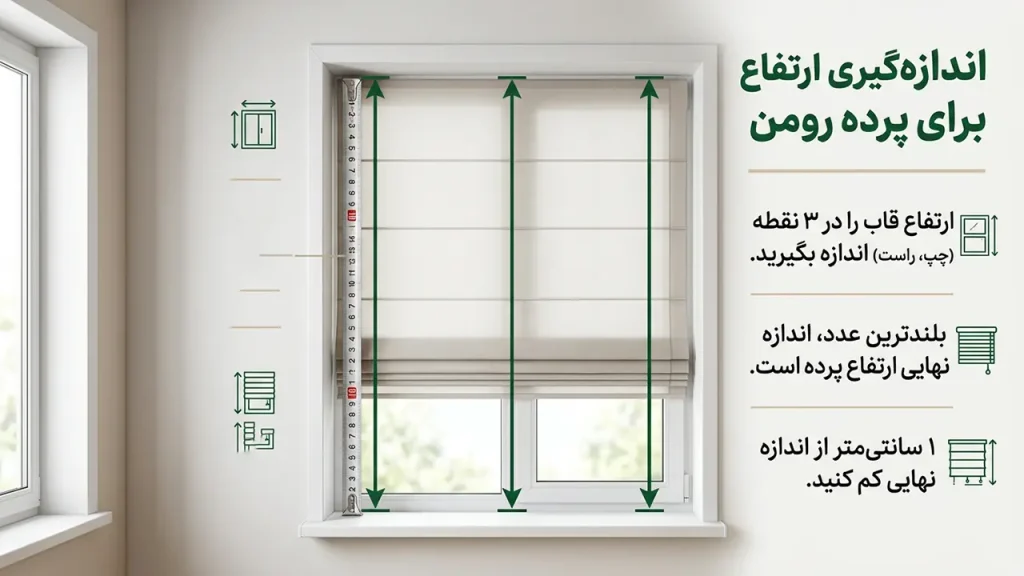 اندازه گیری ارتفاع پنجره برای پرده رومن توکار در سه نقطه چپ وسط و راست