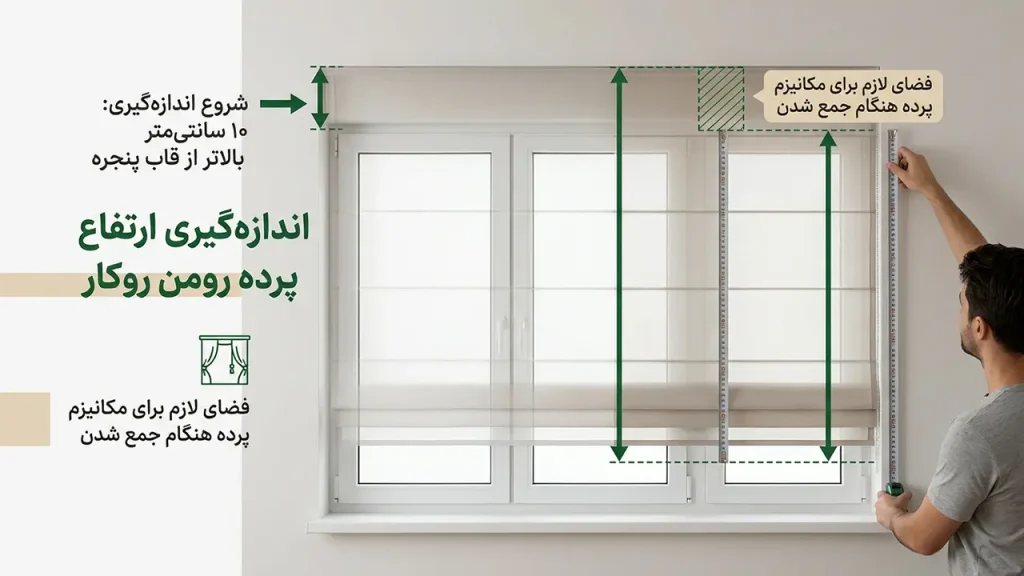 اندازه گیری ارتفاع پرده رومن روکار از بالای قاب پنجره با متر فلزی
