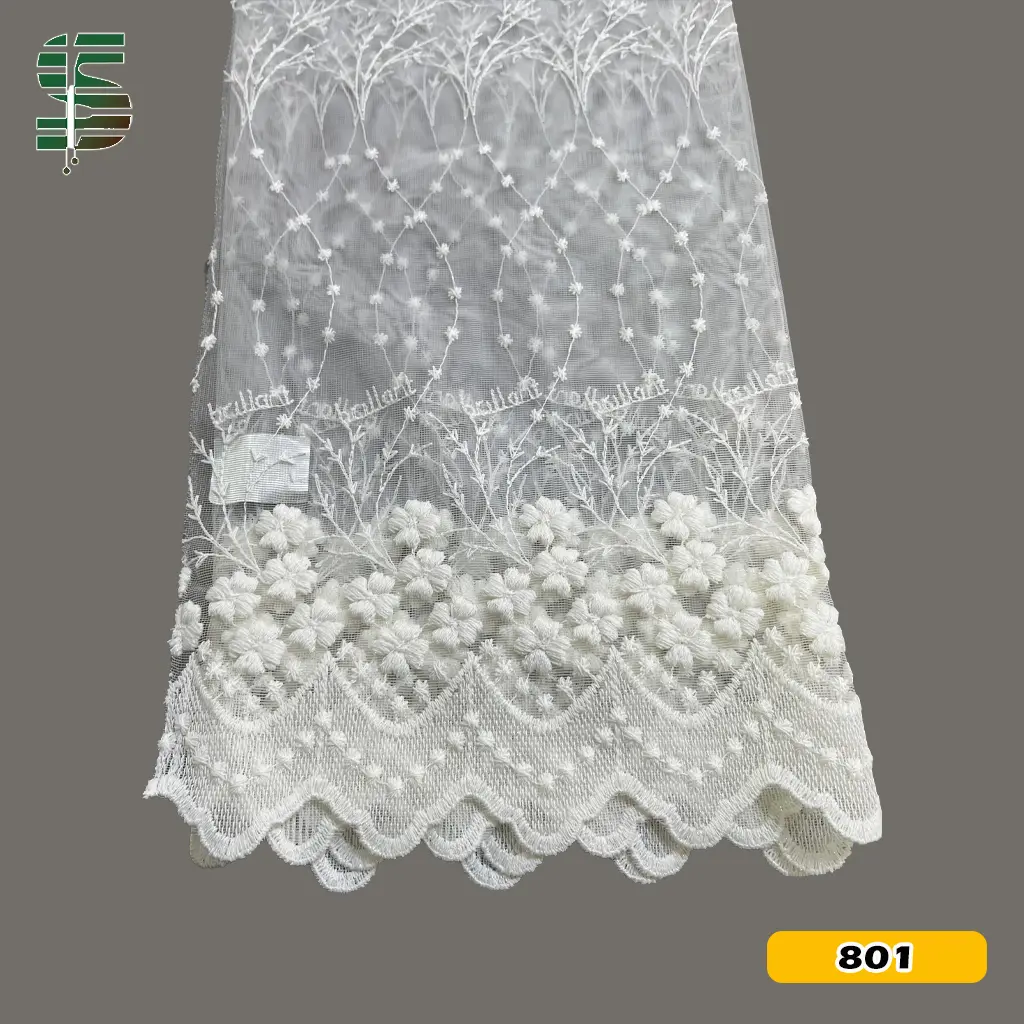 پرده تور لب حاشیه گلدوزی کد ZAFIR - U55434 سفید