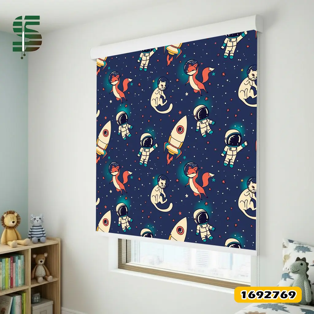 roller-blinds-1692769 پرده شید کودک کد 1692769 طرح کیهانی روباه و گربه فضانورد